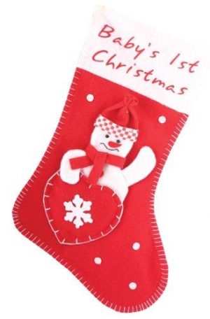 RED BABYS 1ST FIRST CHRISTMAS / XMAS SANTA STOCKING 40CM X 26CM WITH SNOWMAN
