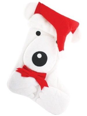 DELUXE 3D CHRISTMAS / XMAS LARGE CUDDLY WHITE DOG STOCKING WITH WEARING SANTA?