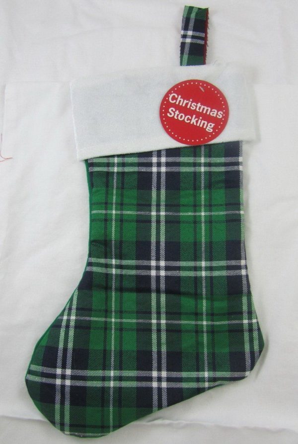 FANCY CHRISTMAS / XMAS TARTAN STOCKING - GREEN BLACK WHITE DESIGN ( I.E SANTA SACK IDEAL PRE- CHRIST