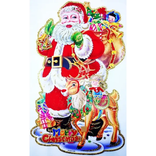 CHRISTMAS 3D GLITTER DECORATION PAPER XMAS ORNAMENTS SANTA CLAUS WITH ELF ~ REINDEER DOUBLE SIDE