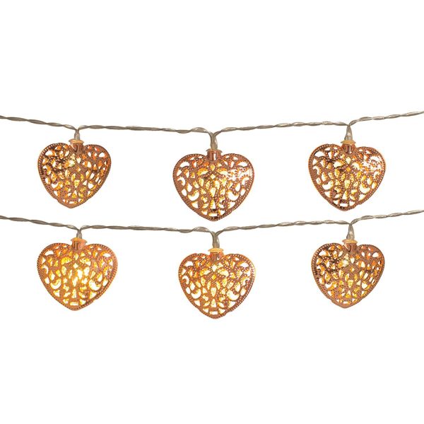 PLASTIC COPPER COLOURED FILIGREE HEARTS WITH BATTERY OPERATED LED STRING LIGHTS