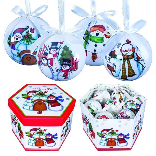 14 DECOUPAGE CHRISTMAS SNOWMAN WINTER SCENE DESIGN BAUBLES IN BOX