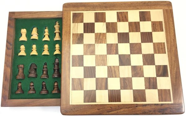 SQUARE WOODEN CHESS MAGNETIC IN BOX SINGLE PUSH DRAWER 5 INCH