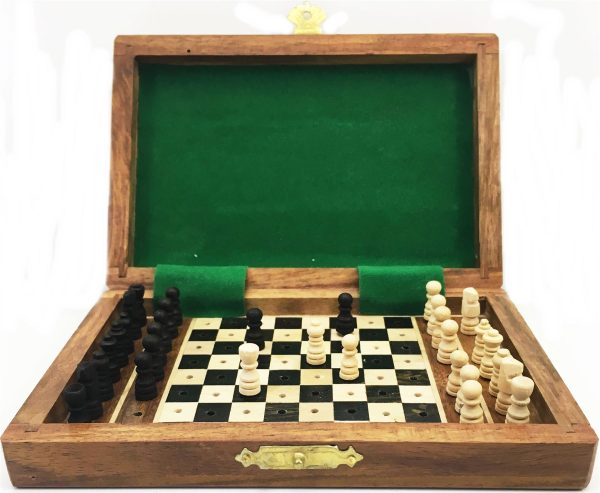 RECTANGULAR WOODEN CHESS PEGGED FOLDING IN BOX