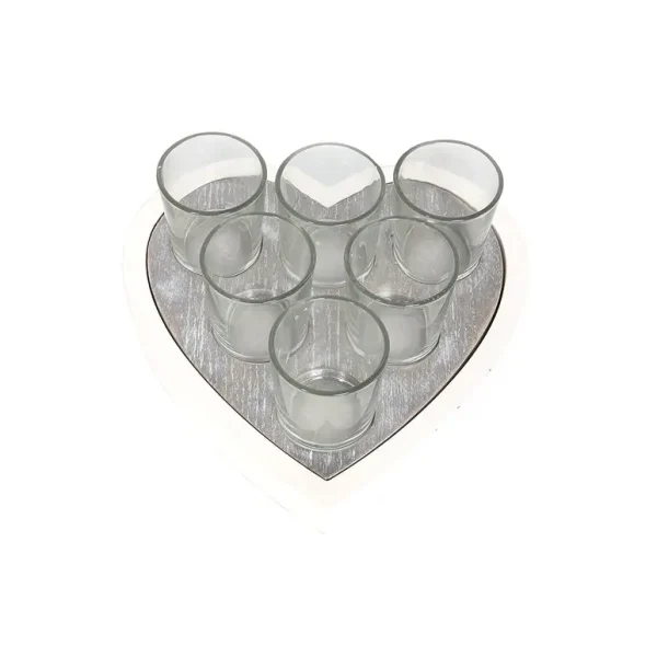 6 GLASS TEA LIGHT CANDLE HOLDER ON HEART SHAPE WOODEN TRAY PLATE