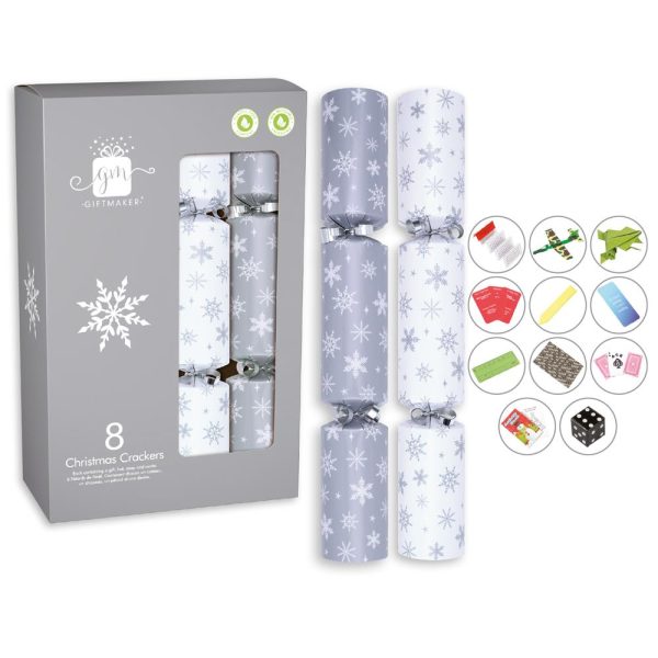 GIFTMAKER CHRISTMAS CRACKERS SNOWFLAKE SILVER WHITE 12 INCH PACK OF 8