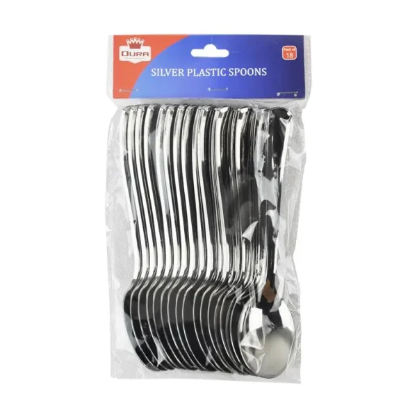 SPOONS - CHROME LOOK SILVER PLASTIC DISPOSABLE PICNIC CUTLERY (18 PIECES)