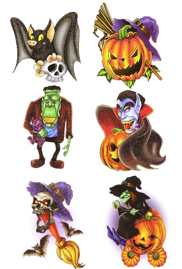 6 HALLOWEEN TEMPORARY TATTOOS TRANSFERS TRICK OR TREAT PARTY LOOT BAG FILLERS PUMPKIN BAT SKULL ZOMB