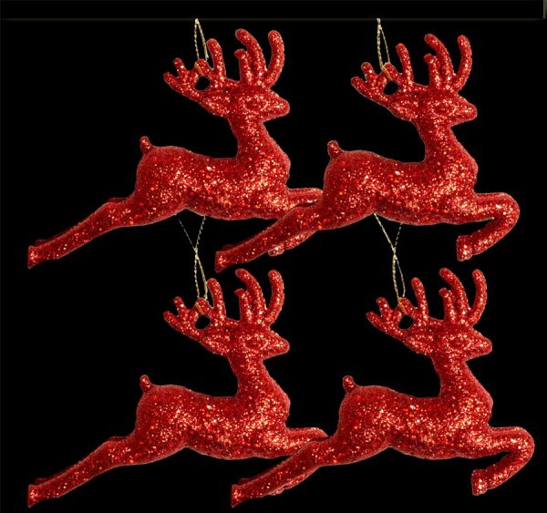 4 RED CHRISTMAS TREE HANGING GLITTERED REINDEER DECORATIONS