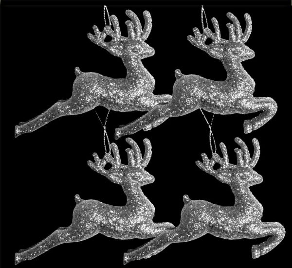 4 SILVER CHRISTMAS TREE HANGING GLITTER REINDEER DECORATIONS