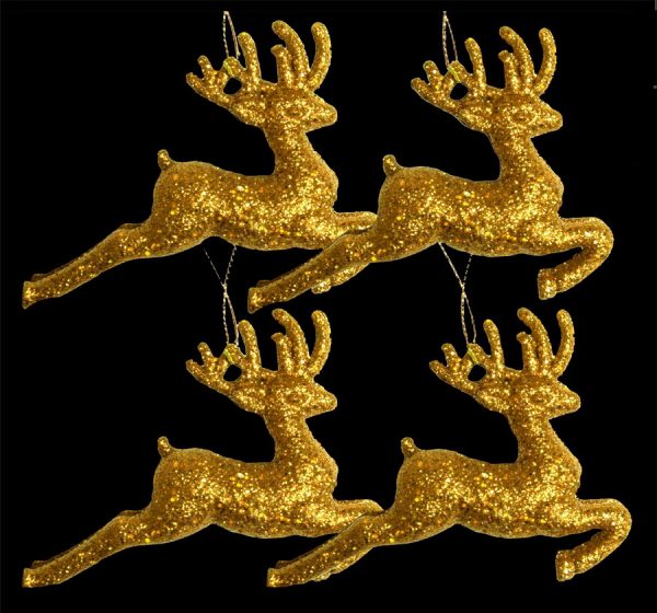 4 GOLD CHRISTMAS TREE HANGING GLITTERED REINDEER DECORATIONS