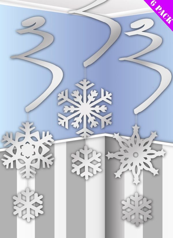 6 HANGING SILVER SWIRLS CHRISTMAS SNOWFLAKE FROZEN PARTY HOME ROOM DECORATIONS