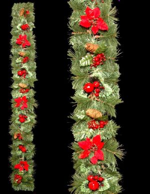 6FT THICK GREEN TINSEL GARLAND WITH RED CHRISTMAS HOLLY DECORATION