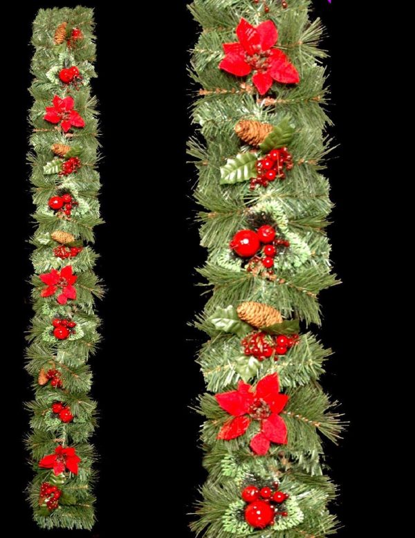 6FT THICK GREEN TINSEL GARLAND WITH RED CHRISTMAS HOLLY DECORATION