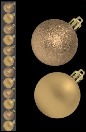 12 MINI BAUBLES MAT GLITTER GOLD CHAMPAGNE COLOUR 30MM