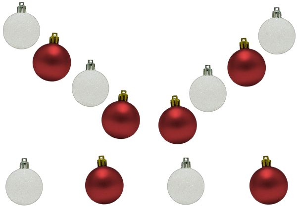 12 RED WHITE BAUBLES 30MM