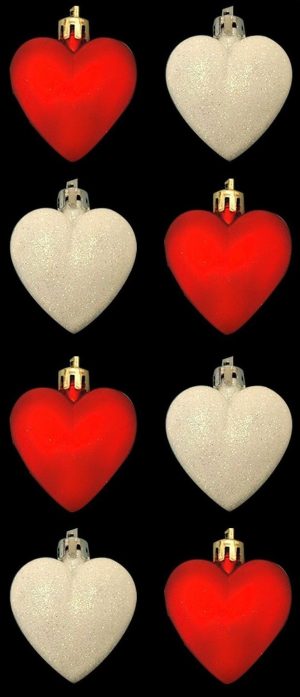 8 HEART SHAPED WHITE RED CHRISTMAS BAUBLES