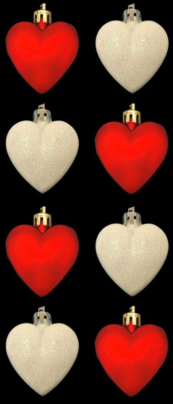 8 HEART SHAPED WHITE RED CHRISTMAS BAUBLES