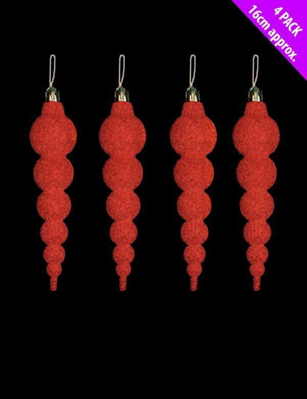 4 ICICLES CHRISTMAS TREE BAUBLES PARTY HOME ROOM DECORATIONS ORNAMENT - RED