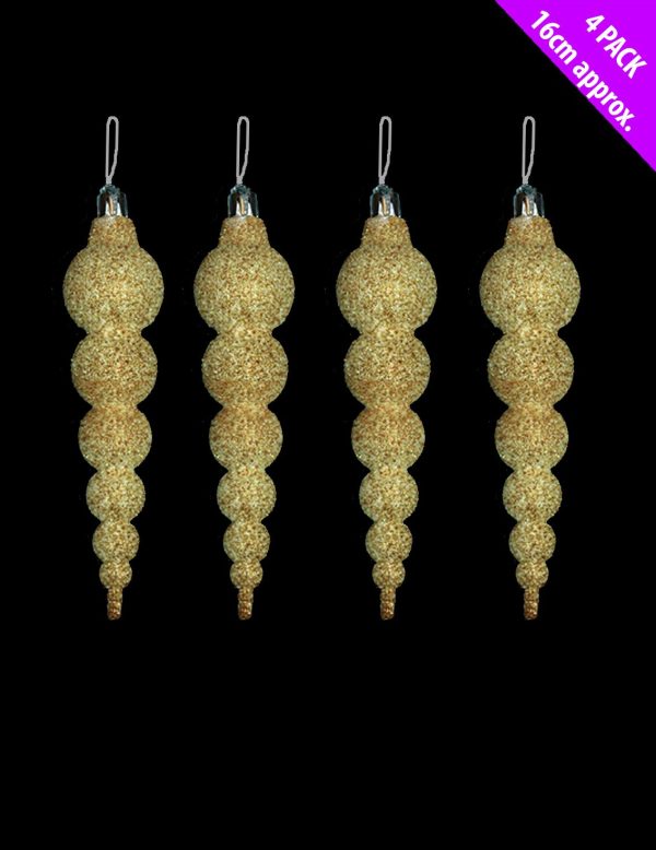 4 ICICLES CHRISTMAS TREE BAUBLES PARTY HOME ROOM DECORATIONS ORNAMENT - GOLD