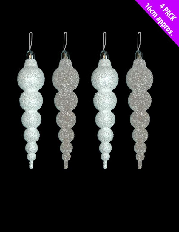 4 ICICLES CHRISTMAS TREE BAUBLES PARTY HOME ROOM DECORATIONS ORNAMENT - SILVER WHITE