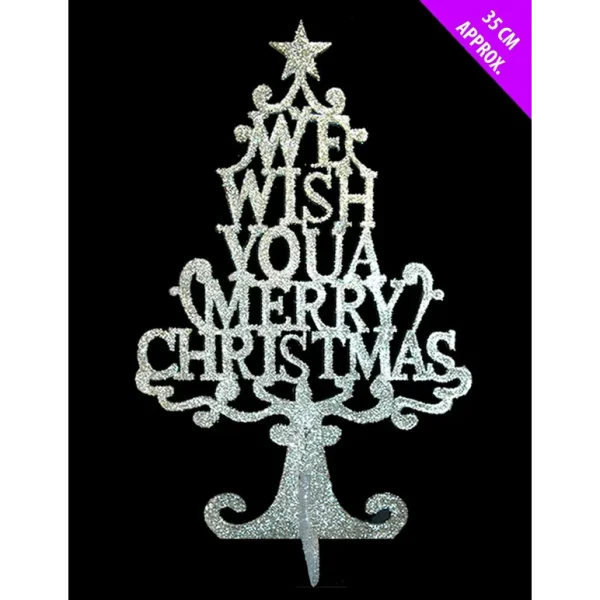 WE WISH YOU MERRY CHRISTMAS SILVER GLITTER 3D WISH TREE ROOM WINDOW TABLE DECORATION