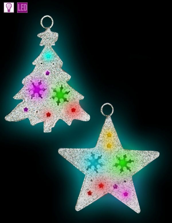 2 LED LIGHT UP GLITTER SILVER CHRISTMAS TREE STAR SHAPE SNOWFLAKE CUTOUT HANGING WINDOW DECORATION B