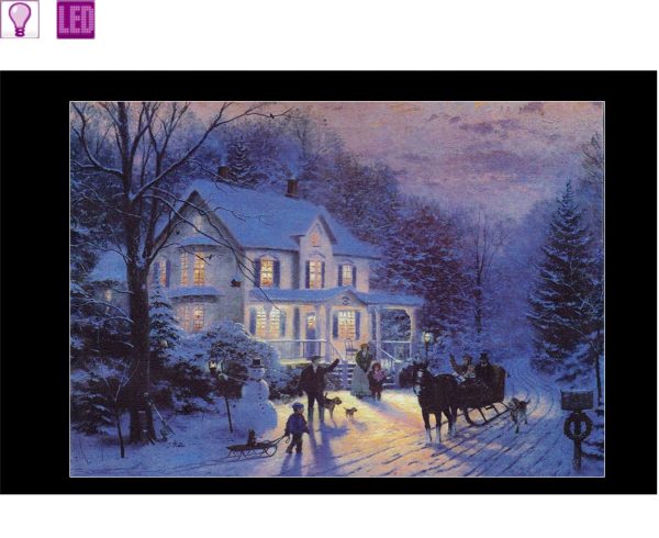 FESTIVE LED CANVAS PICTURE FAMILY HOUSE SNOWMAN SCENE 40CM X 30CM