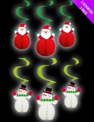 3 CUTE SANTA / SNOWMAN RED WHITE HONEYCOMB SWIRLS CHRISTMAS FESTIVE PARTY HANGING DECORATION