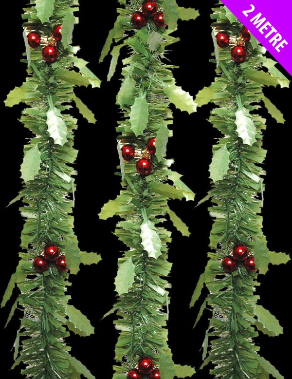 CHRISTMAS GREEN GARLAND TINSEL HOLLY BERRY CHRISTMAS TREE DECORATION GARLAND 2M