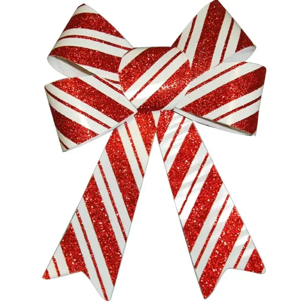 LARGE CHRISTMAS PARTY RED WHITE STRIPED GLITTER RIBBON BOW DECORATION