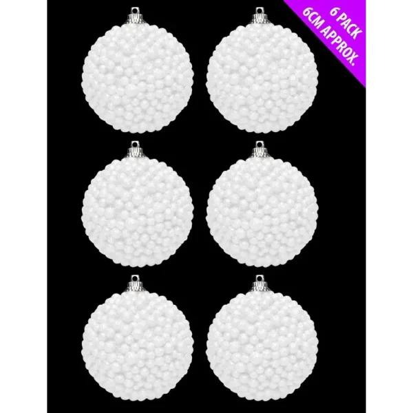 6 GLITTER BEAD BAUBLES WHITE