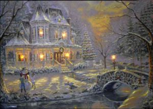 FESTIVE LED CANVAS PICTURE HOUSE WITH BRIDGE SNOWMAN SCENE 40CM X 30CM