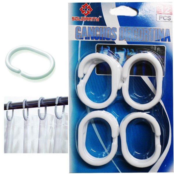 12PCS WHITE PLASTIC HOOKS BATHROOM SHOWER CURTAIN C RINGS