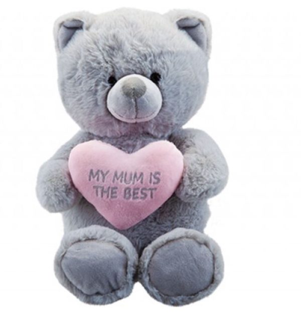 MUM GREY SITTING TEDDY BEAR WITH HEART 36CM