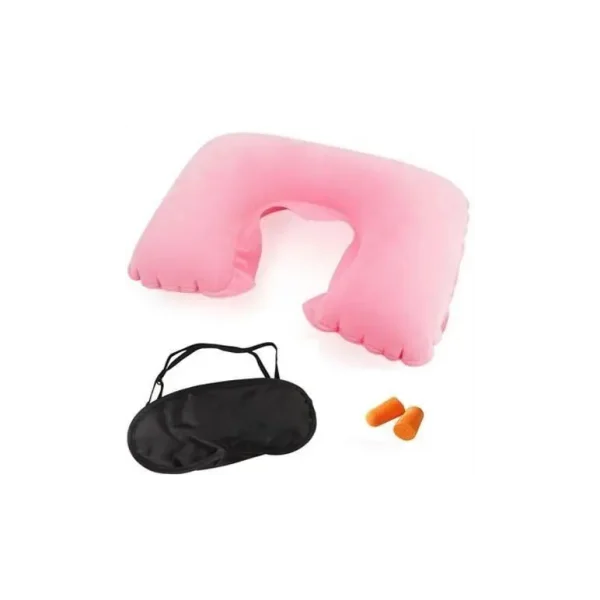 DELUXE TRAVEL SET 3 PIECES PINK NECK CUSHION EAR PLUGS EYE MASK