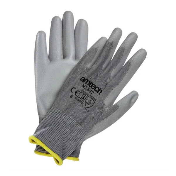 AM-TECH LIGHT DUTY PU COATED PALM GLOVES GREY - MEDIUM (SIZE 8)