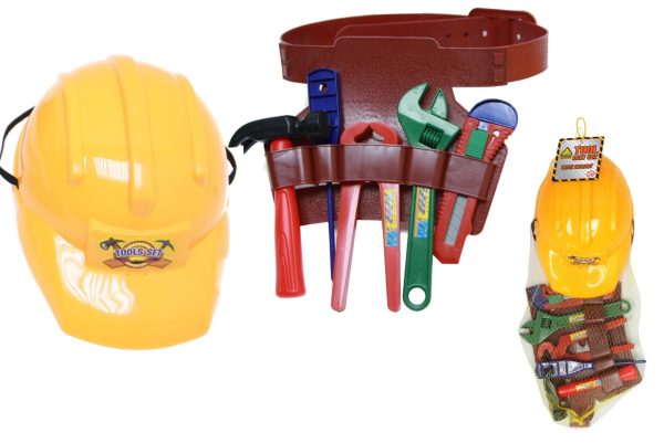 PLASTIC CONSTRUCTION HELMET WITH TOOLS IN NETTED BAG