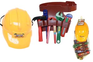 PLASTIC CONSTRUCTION HELMET WITH TOOLS IN NETTED BAG
