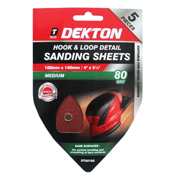 DEKTON HOOK AND LOOP DETAIL SANDING PADS 80 GRIT 100MM X 140MM PACK OF 5