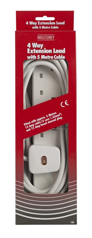 RED GREY C20 4 GANG 5M WHITE EXTENSION LEAD 13A