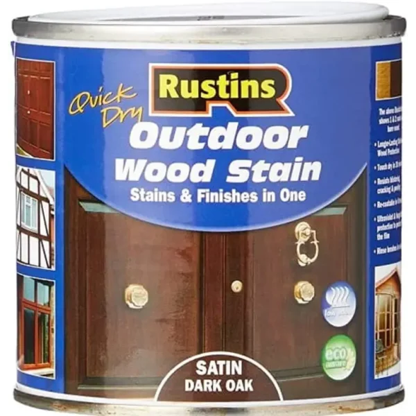 RUSTINS OUTDOOR WOOD STAIN SATIN DARK OAK 500ML