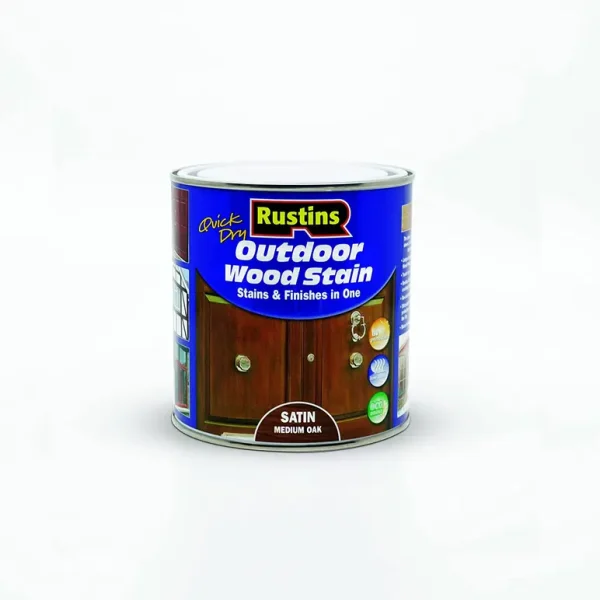 RUSTINS OUTDOOR WOOD STAIN SATIN MEDIUM OAK 250ML