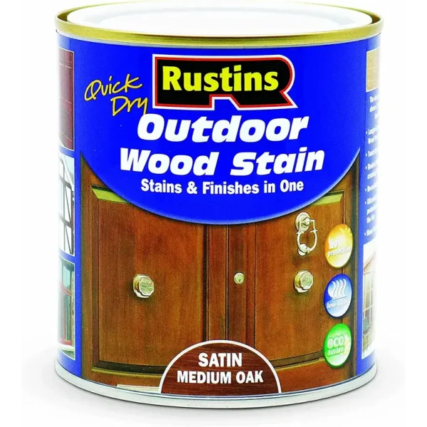 RUSTINS OUTDOOR WOOD STAIN SATIN MEDIUM OAK 500ML