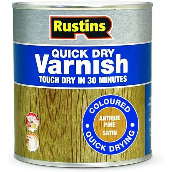 RUSTINS QUICK DRY VARNISH SATIN ANTIQUE PINE 500ML