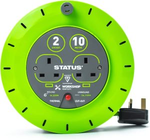 STATUS 10 METER 13 AMP 2 SOCKET OUTLET WITH THERMAL CUT OUT GREEN EXTENTION CABLE REEL