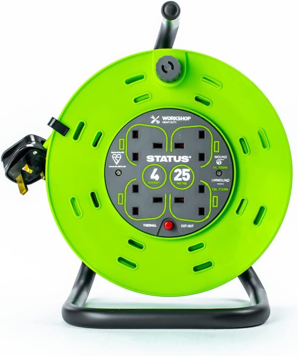 STATUS 25 METER 13 AMP 4 SOCKET OUTLET WITH THERMAL CUT OUT GREEN EXTENTION CABLE REEL