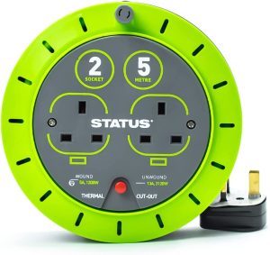 STATUS 5M 13A 2 SOCKET OUTLET WITH THERMAL CUT OUT GREEN EXTENTION CABLE REEL