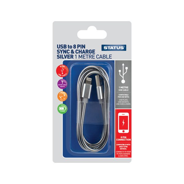 STATUS 8 PIN / COMPATIBLE WITH IPHONE BRAIDED SYNC & CHARGING CABLE 1M - SILVER