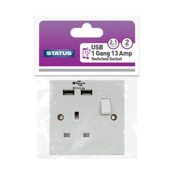 STATUS 13A SINGLE / 1 GANG SWITCH WALL SOCKET - 2 X USB PORTS